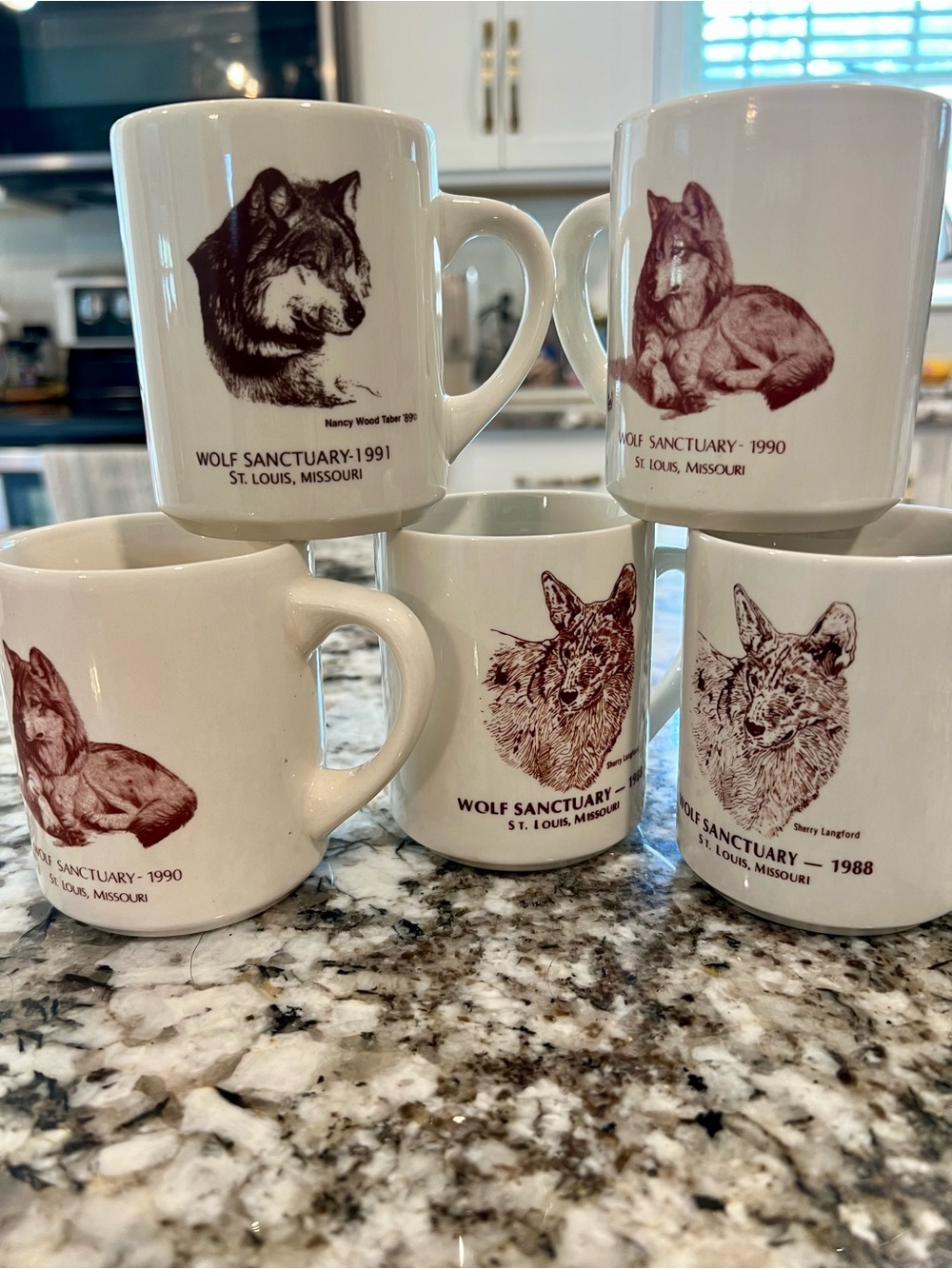 Wolf Sanctuary Ceramic 8oz Mugs White with Brown Artwork. Set of 5. URP81